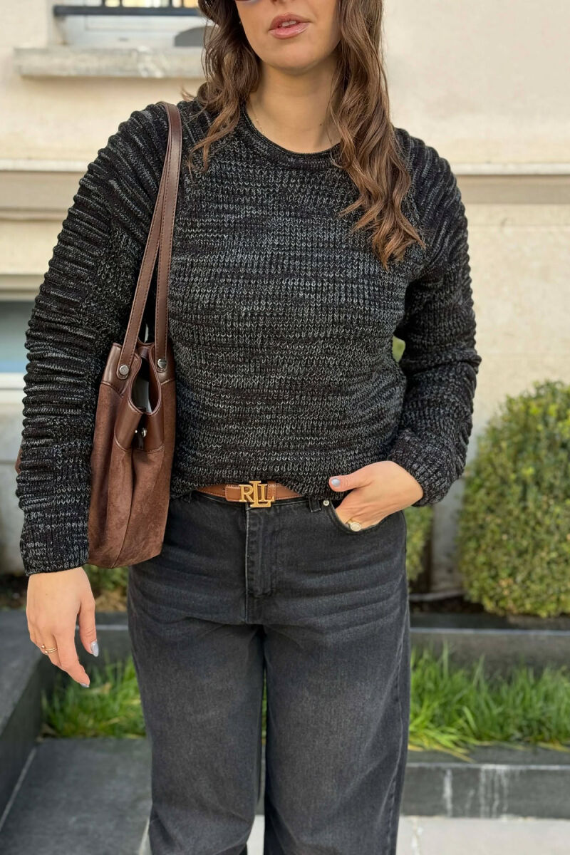 ROUND NECK KNITTED WOMEN SWEATER BLACK-GREY/ZEGR - 3