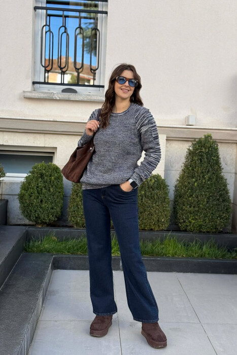 ROUND NECK KNITTED WOMEN SWEATER BLUE-BEIGE/BLBZH 