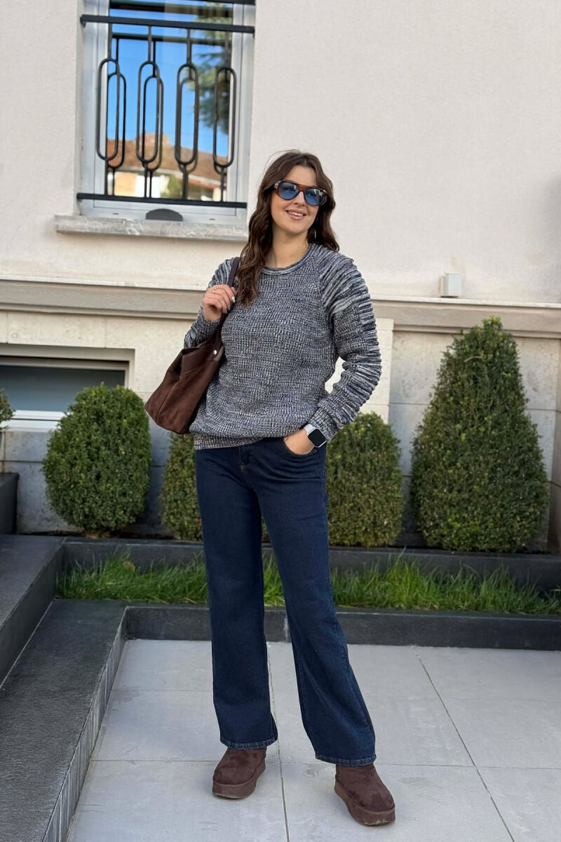 ROUND NECK KNITTED WOMEN SWEATER BLUE-BEIGE/BLBZH - 1