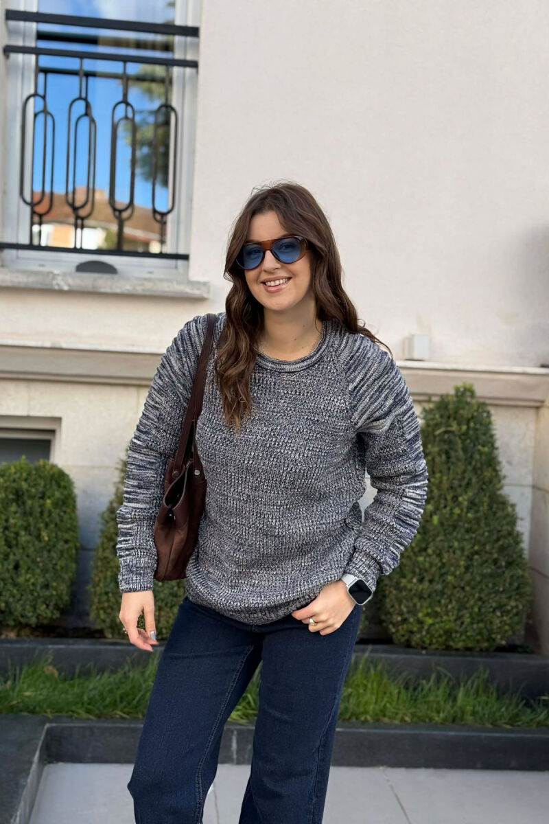 ROUND NECK KNITTED WOMEN SWEATER BLUE-BEIGE/BLBZH - 2