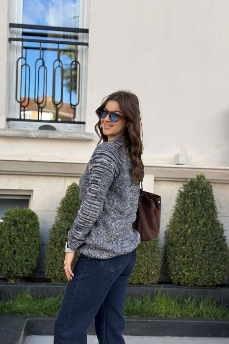 ROUND NECK KNITTED WOMEN SWEATER BLUE-BEIGE/BLBZH - 3