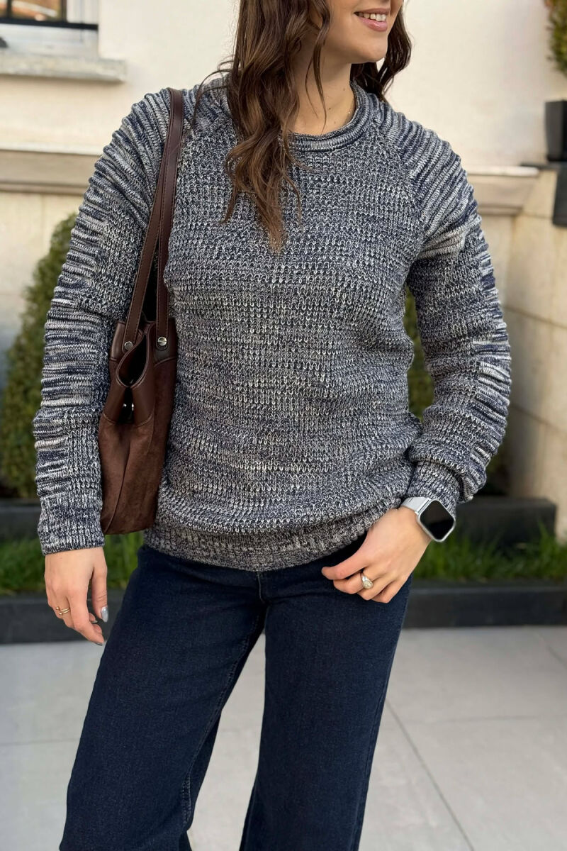 ROUND NECK KNITTED WOMEN SWEATER BLUE-BEIGE/BLBZH - 4