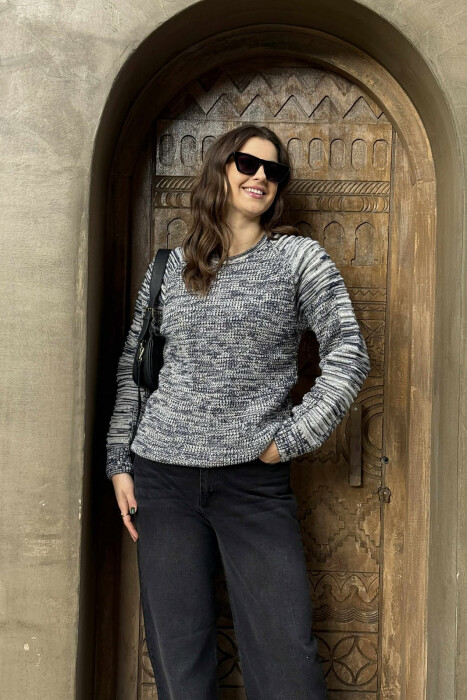 ROUND NECK KNITTED WOMEN SWEATER BLUE+GREY/ BLU+GRI - 2