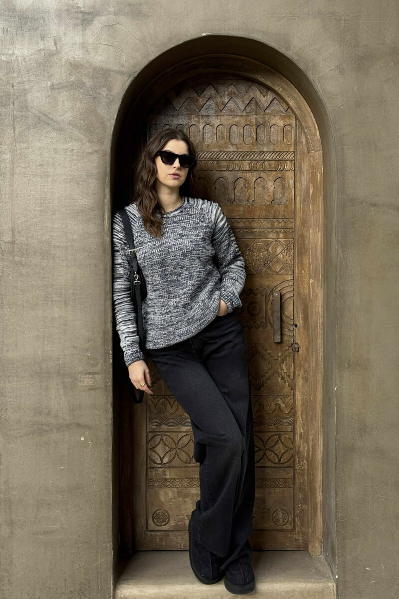 ROUND NECK KNITTED WOMEN SWEATER BLUE+GREY/ BLU+GRI - 1