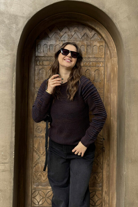 ROUND NECK KNITTED WOMEN SWEATER BROWN/KAFE - 3