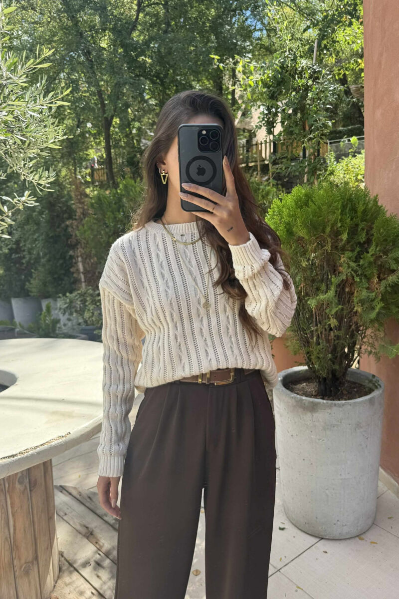 ROUND NECK KNITTED WOMEN SWEATER CREAM/KREM - 3