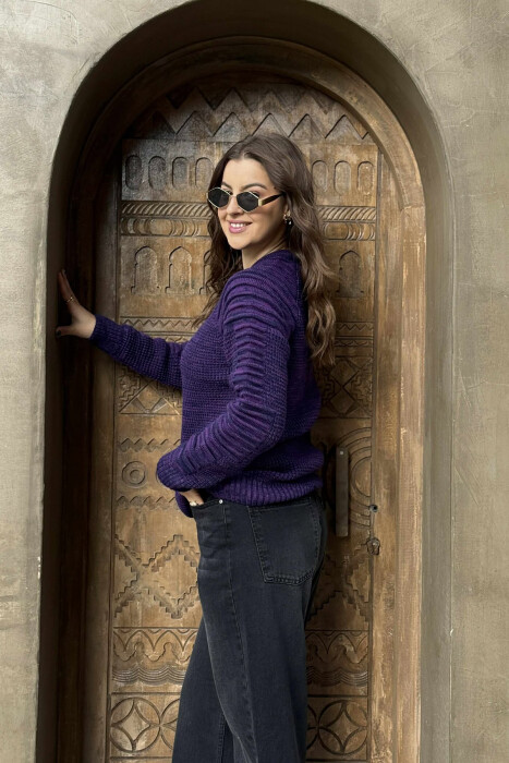 ROUND NECK KNITTED WOMEN SWEATER DARK PURPLE/LEJLA ERRET - 3
