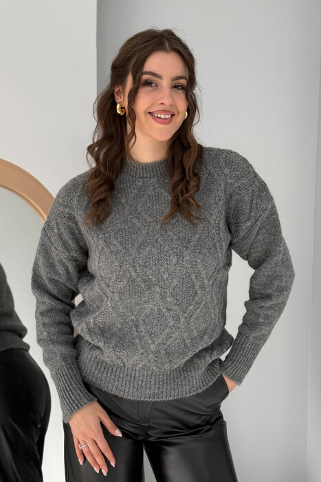 ROUND NECK KNITTED WOMEN SWEATER GREY/GRI 
