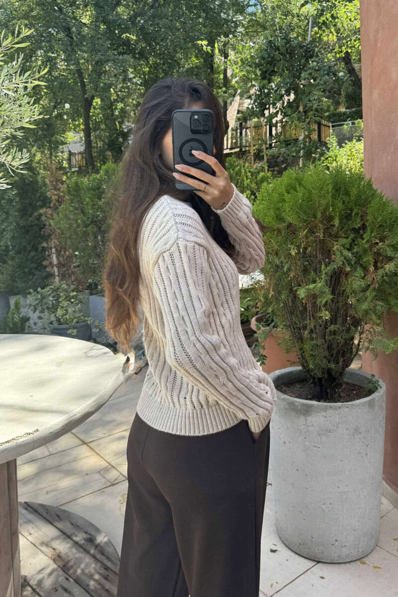 ROUND NECK KNITTED WOMEN SWEATER LIGHT BEIGE/BZHZB - 3