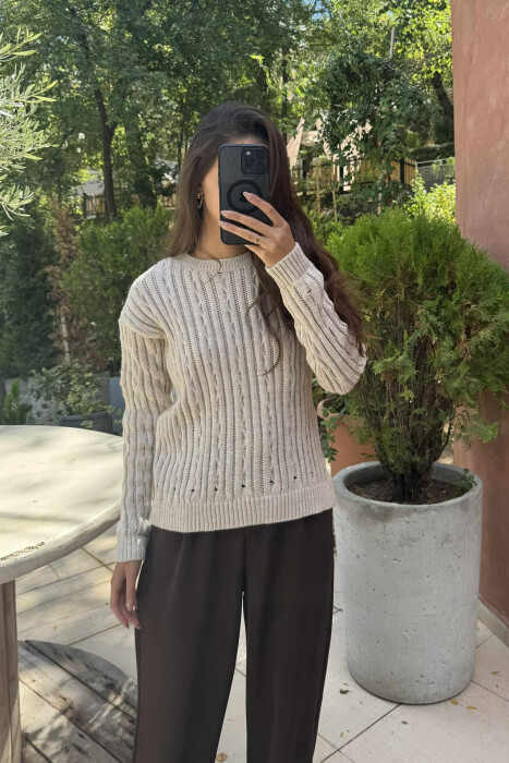 ROUND NECK KNITTED WOMEN SWEATER LIGHT BEIGE/BZHZB - 4