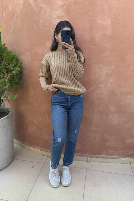 ROUND NECK KNITTED WOMEN SWEATER LIGHT BROWN/KAZB - 1
