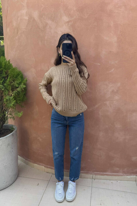 ROUND NECK KNITTED WOMEN SWEATER LIGHT BROWN/KAZB - 2