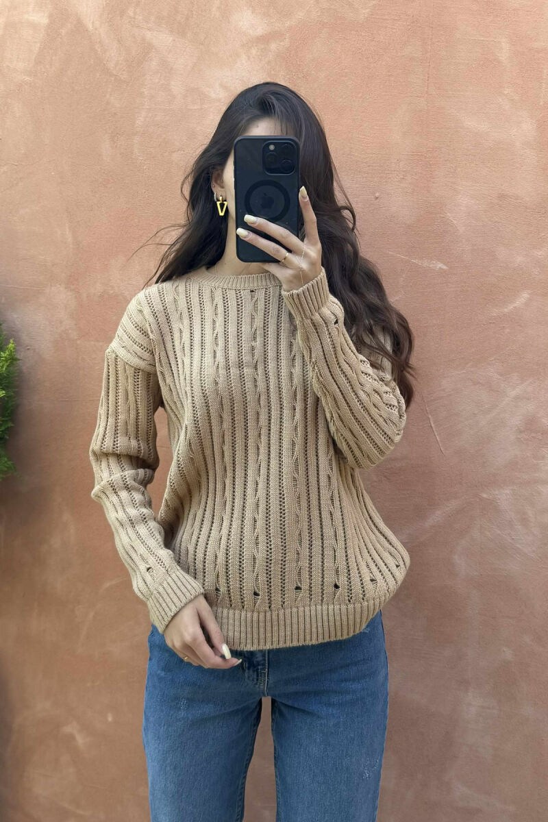 ROUND NECK KNITTED WOMEN SWEATER LIGHT BROWN/KAZB - 3