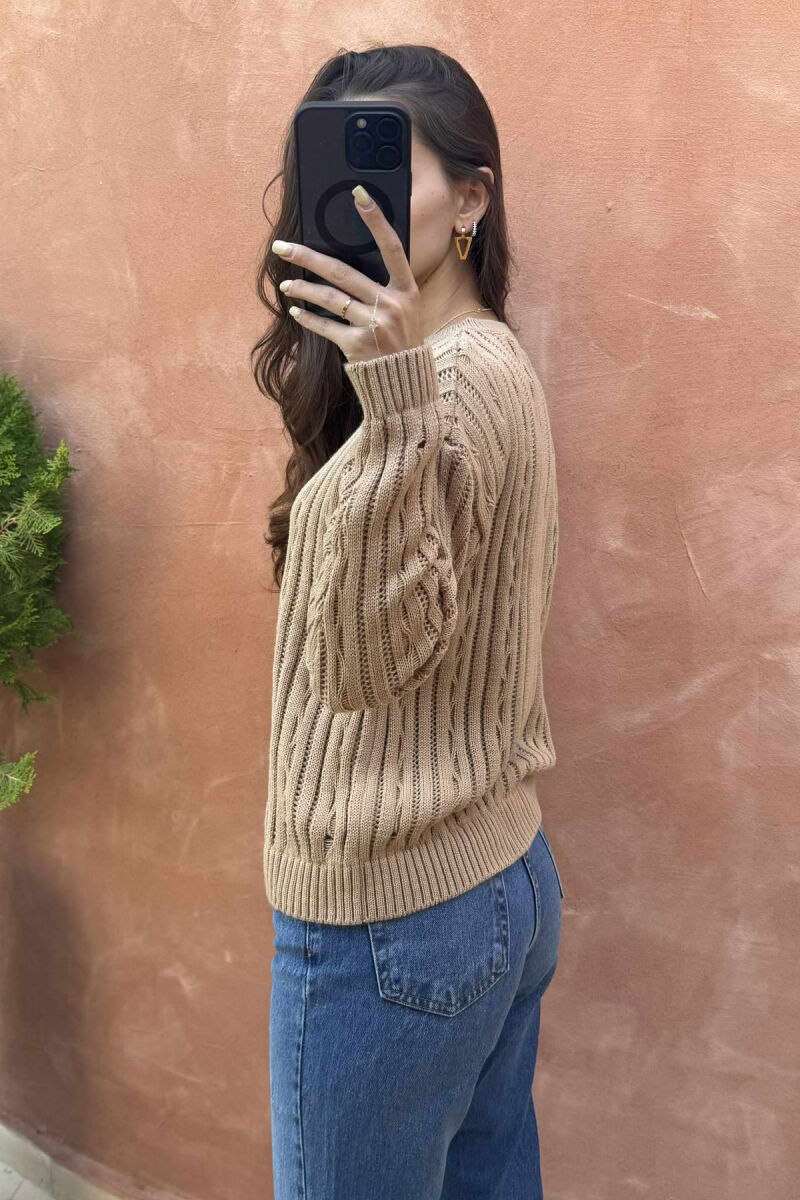 ROUND NECK KNITTED WOMEN SWEATER LIGHT BROWN/KAZB - 4