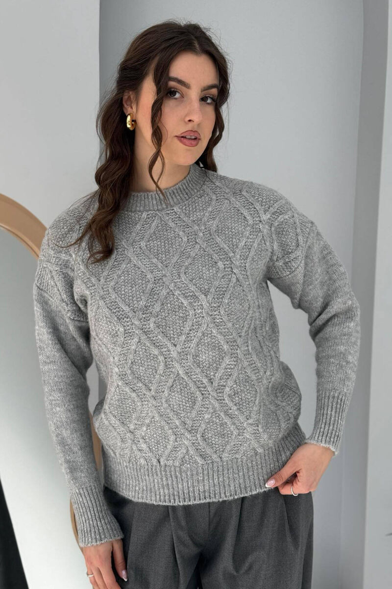 ROUND NECK KNITTED WOMEN SWEATER LIGHT GREY/GZ - 1
