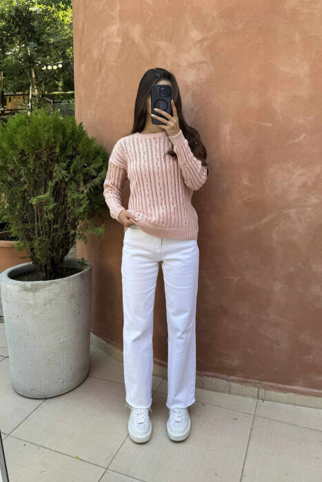 ROUND NECK KNITTED WOMEN SWEATER POWDER/PUDER - 1