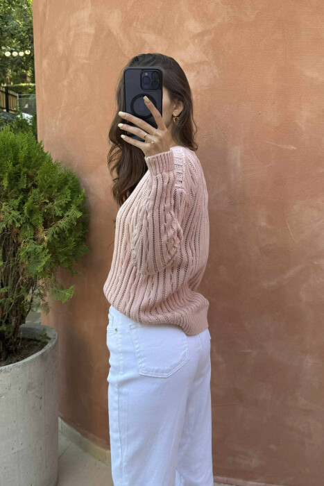 ROUND NECK KNITTED WOMEN SWEATER POWDER/PUDER - 4