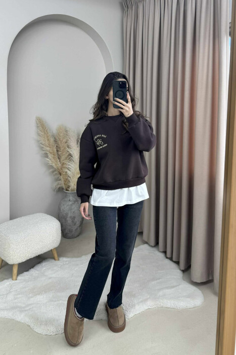ROUND NECK LA FLUFFY WOMEN SWEATSHIRT DARK BROWN/KAE 