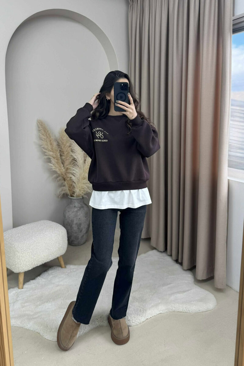 ROUND NECK LA FLUFFY WOMEN SWEATSHIRT DARK BROWN/KAE - 2