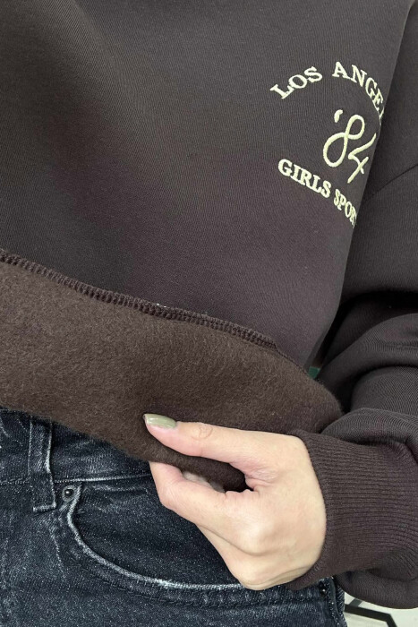 ROUND NECK LA FLUFFY WOMEN SWEATSHIRT DARK BROWN/KAE - 4