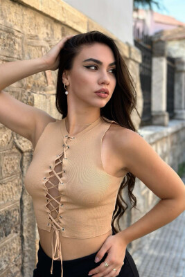 ROUND NECK LACY WOMAN TOP BEIGE/BEZHE - 1
