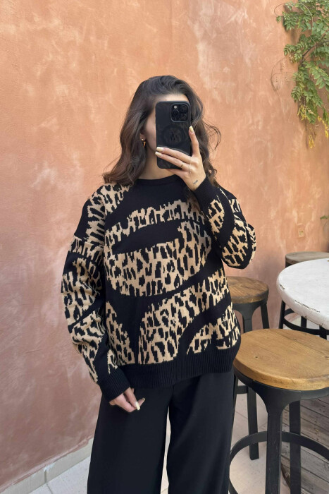 ROUND NECK LEO DESIGN WOMEN SWEATER BLACK/ E ZEZE - 3