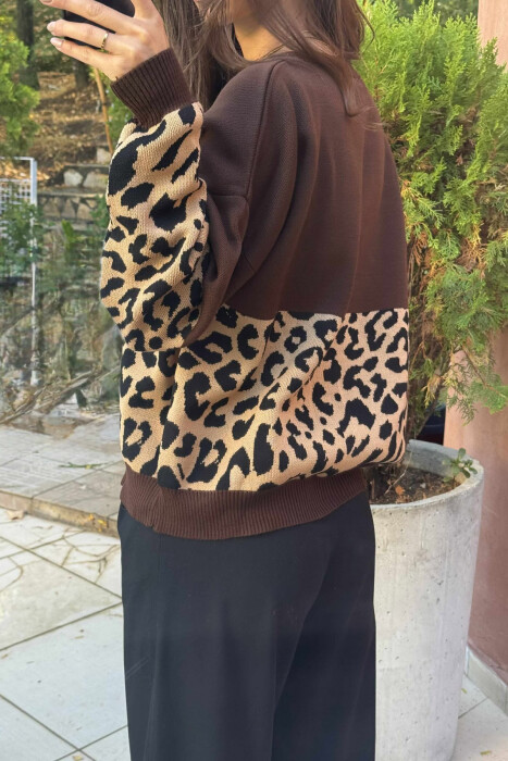 ROUND NECK LEO DESIGN WOMEN SWEATER BROWN/KAFE - 5