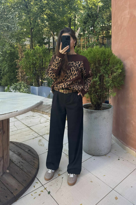 ROUND NECK LEO DESIGN WOMEN SWEATER BROWN/KAFE - 5