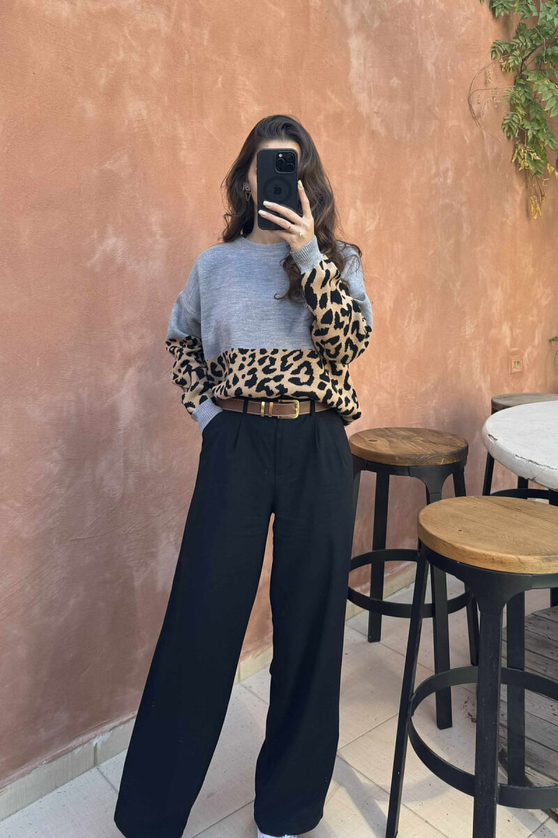 ROUND NECK LEO DESIGN WOMEN SWEATER GREY/GRI - 1