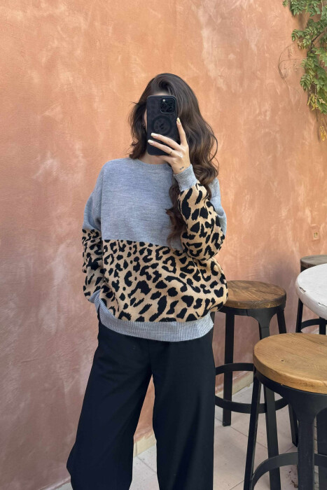 ROUND NECK LEO DESIGN WOMEN SWEATER GREY/GRI - 4