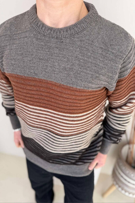 ROUND NECK LINES MEN SWEATER IN BROWN COLOR - 3