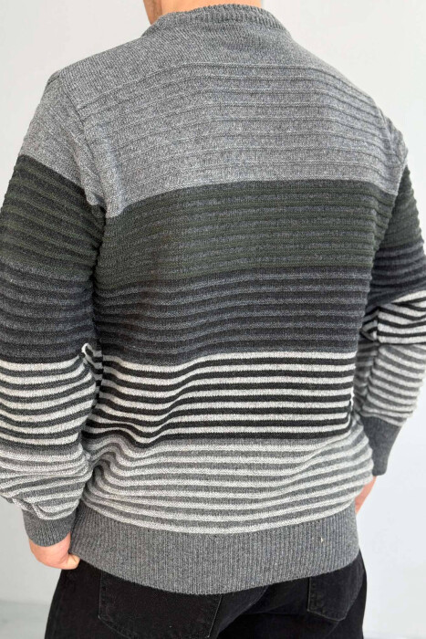 ROUND NECK LINES MEN SWEATER IN DARK GREY COLOR - 4