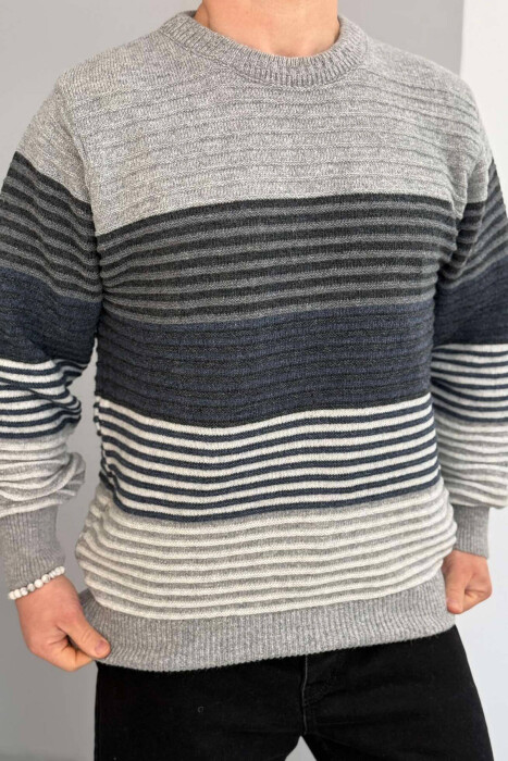 ROUND NECK LINES MEN SWEATER IN LIGHT GREY COLOR - 1