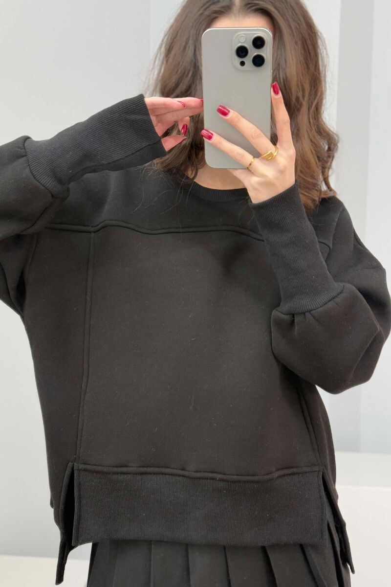 ROUND NECK ONE COLOR FLUFFY WOMEN SWEATSHIRT BLACK/ E ZEZE - 3