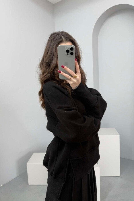 ROUND NECK ONE COLOR FLUFFY WOMEN SWEATSHIRT BLACK/ E ZEZE - 2