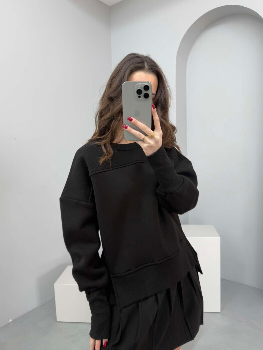 ROUND NECK ONE COLOR FLUFFY WOMEN SWEATSHIRT BLACK/ E ZEZE 