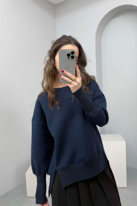 ROUND NECK ONE COLOR FLUFFY WOMEN SWEATSHIRT DARK BLUE/BEE 