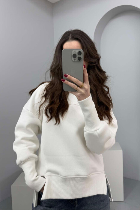 ROUND NECK ONE COLOR FLUFFY WOMEN SWEATSHIRT WHITE-E BARDHE - 2