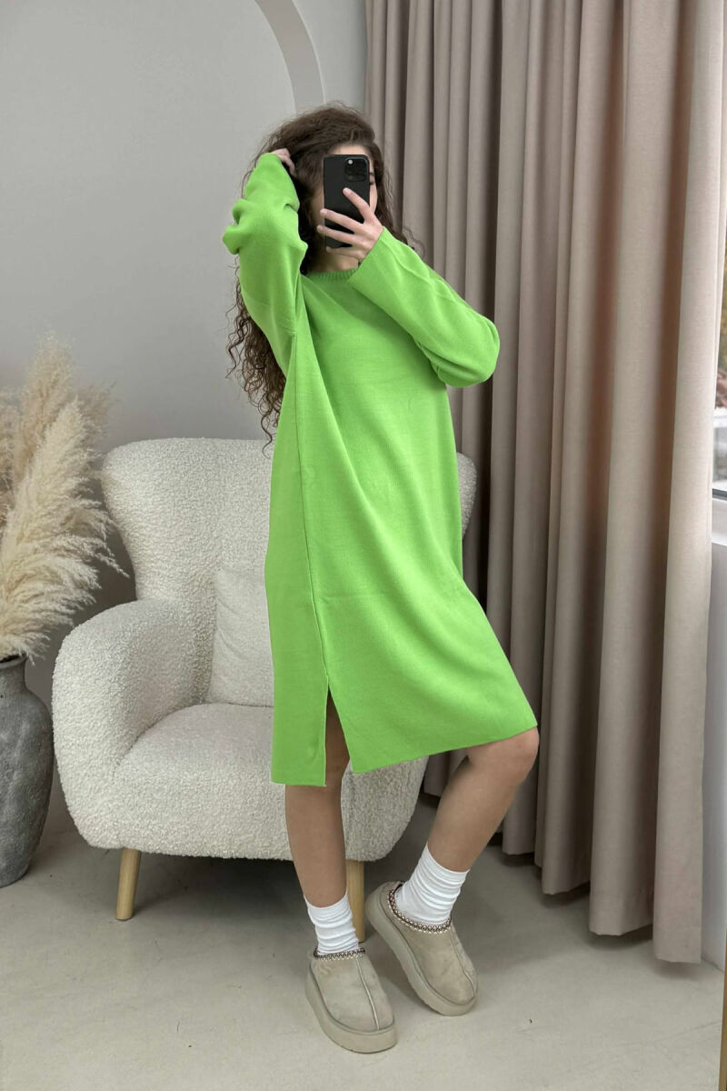 ROUND NECK ONE COLOR KNIT WOMEN DRESS LIGHT GREEN/JEZB - 1