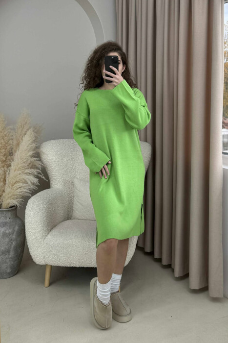 ROUND NECK ONE COLOR KNIT WOMEN DRESS LIGHT GREEN/JEZB - 2