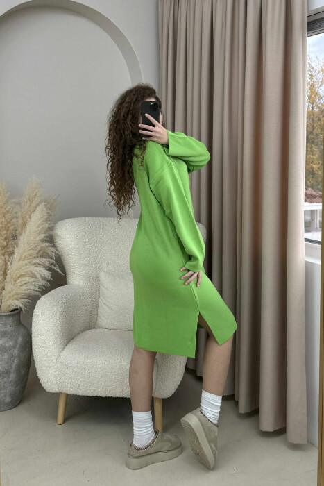 ROUND NECK ONE COLOR KNIT WOMEN DRESS LIGHT GREEN/JEZB - 3
