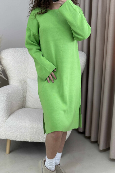 ROUND NECK ONE COLOR KNIT WOMEN DRESS LIGHT GREEN/JEZB - 4