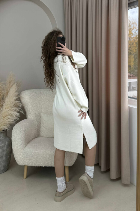 ROUND NECK ONE COLOR KNIT WOMEN DRESS WHITE-E BARDHE - 3