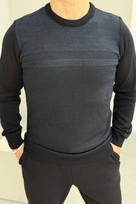 ROUND NECK ONE COLOR MEN SWEATER DARK BLUE/BEE 