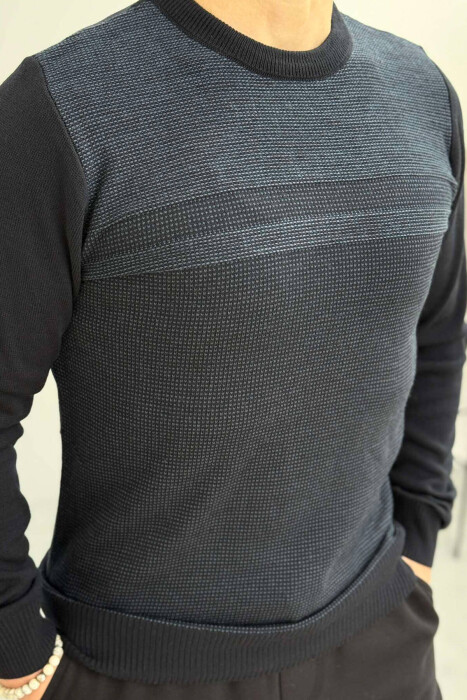 ROUND NECK ONE COLOR MEN SWEATER DARK BLUE/BEE - 2