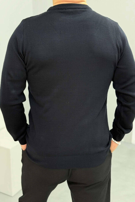 ROUND NECK ONE COLOR MEN SWEATER DARK BLUE/BEE - 3