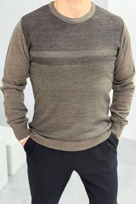 ROUND NECK ONE COLOR MEN SWEATER LIGHT BROWN/KAZB 