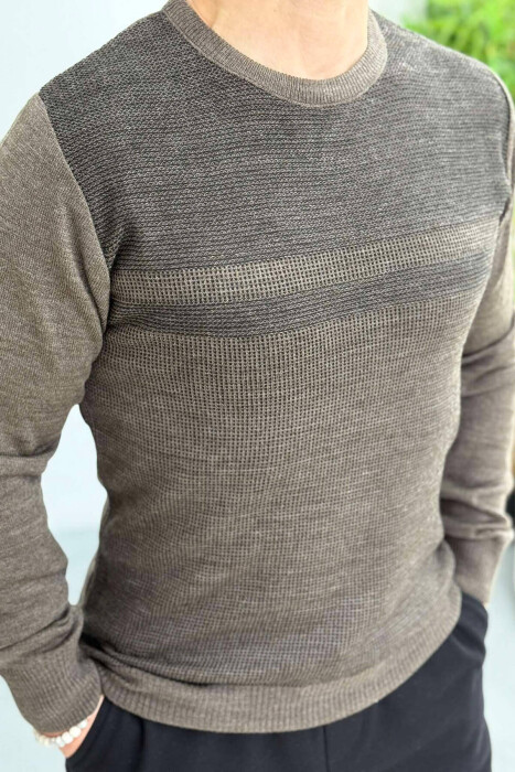 ROUND NECK ONE COLOR MEN SWEATER LIGHT BROWN/KAZB - 3