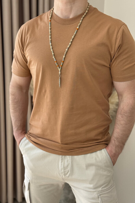 ROUND NECK ONE COLOR MEN T-SHIRT BROWN/KAFE - 3