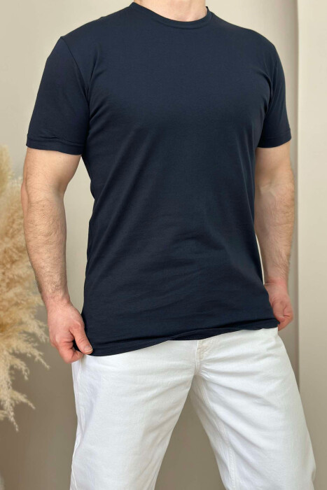 ROUND NECK ONE COLOR MEN T-SHIRT DARK BLUE/BEE 